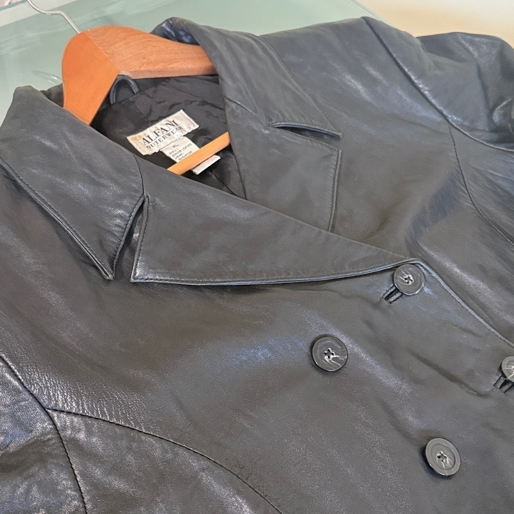 Leather Jacket Women Alfani Black Leather Trench Coat Size XL - Picture 5 of 7
